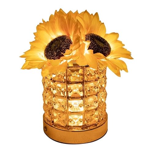 Flower Lamp with USB Charge, 3-Colour Infinitely Dimmable Artificial Sunflower LED Table Lamp, Rechargeable Cordless Touch Small Night Light, Gift