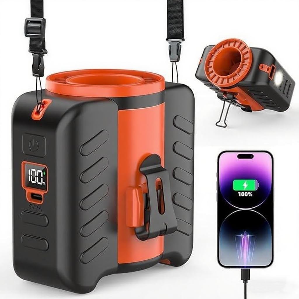 Humutan Portable Rechargeable Wearable Belt Fan with 5 Wind Speeds, LED Light, Strong Cooling Airflow for Camping, Work, Travel, Powerful and Lightest