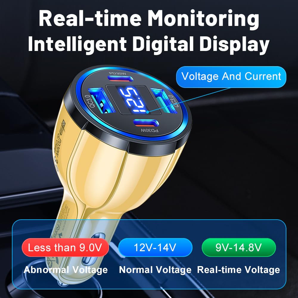 USB C Car Charger Adapter with Voltmeter Compatible with iPhone, Android, Samsung, iPad Pro, PD30W &QC3.0 Multi Port Fast Charging (Yellow)