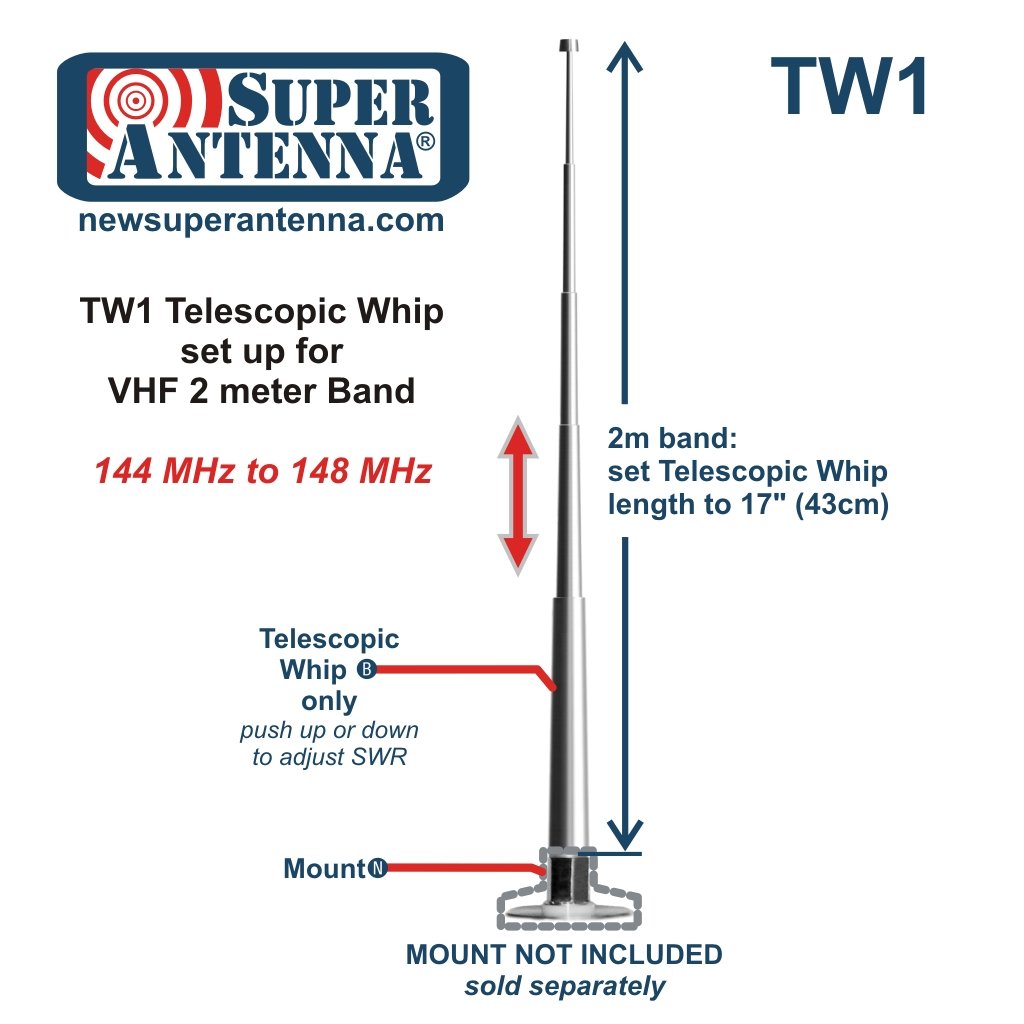 Super Antenna TW1 Telescopic Whip 3/8-24 for MP1 Ham Radio Antenna 44 inch