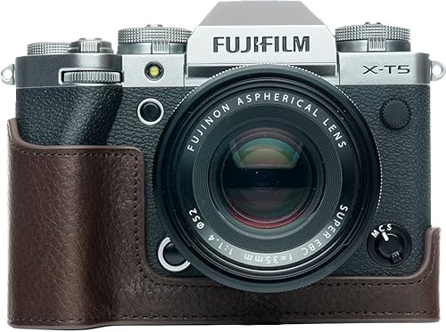 X-T5 Camera Case, BolinUS Handmade Genuine Real Leather Half Camera Case Bag Cover for Fujifilm Fuji X-T5 XT5 Camera Bottom Opening Version + Hand