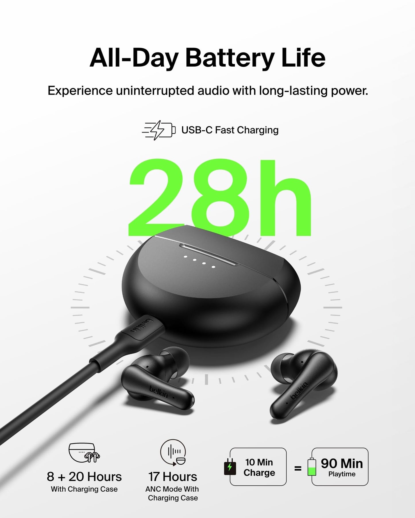 Belkin SoundForm Rhythm ANC True Wireless Earbuds w/Built-in Microphone, USB C Fast Charging, 28H Battery Life, IPX5 Water Resistance - Bluetooth…