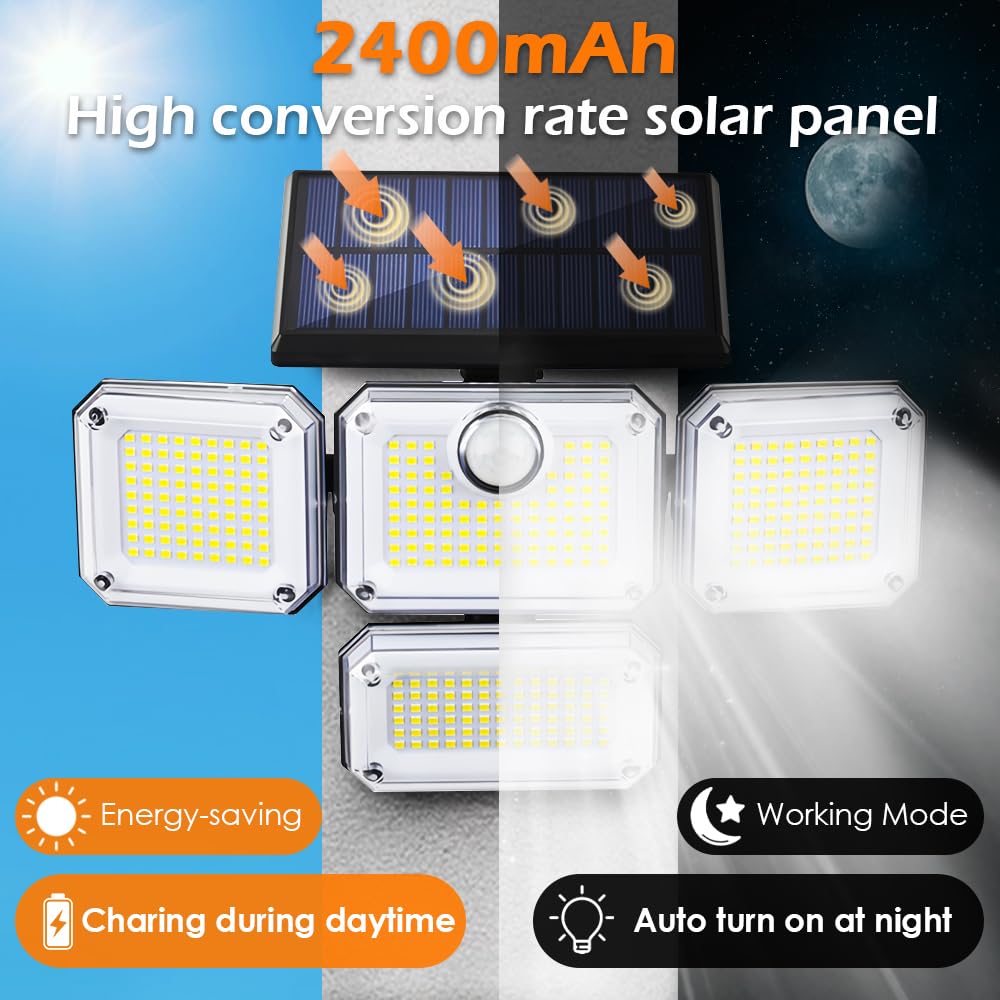 Geminilite Solar Outdoor Lights with Motion Sensor, 333 LEDs Wide Angle Solar Lights,1200LM 3 Modes Solar Lights 270°,7700K Daylight White Remote