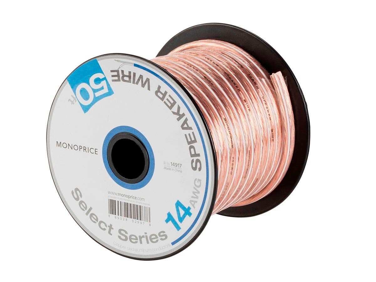 Monoprice Select Series 14 Gauge AWG Speaker Wire/Cable - 50ft Jacketed in Durable Plastic with A Color Coded Conductor for Home Theater, Car Audio