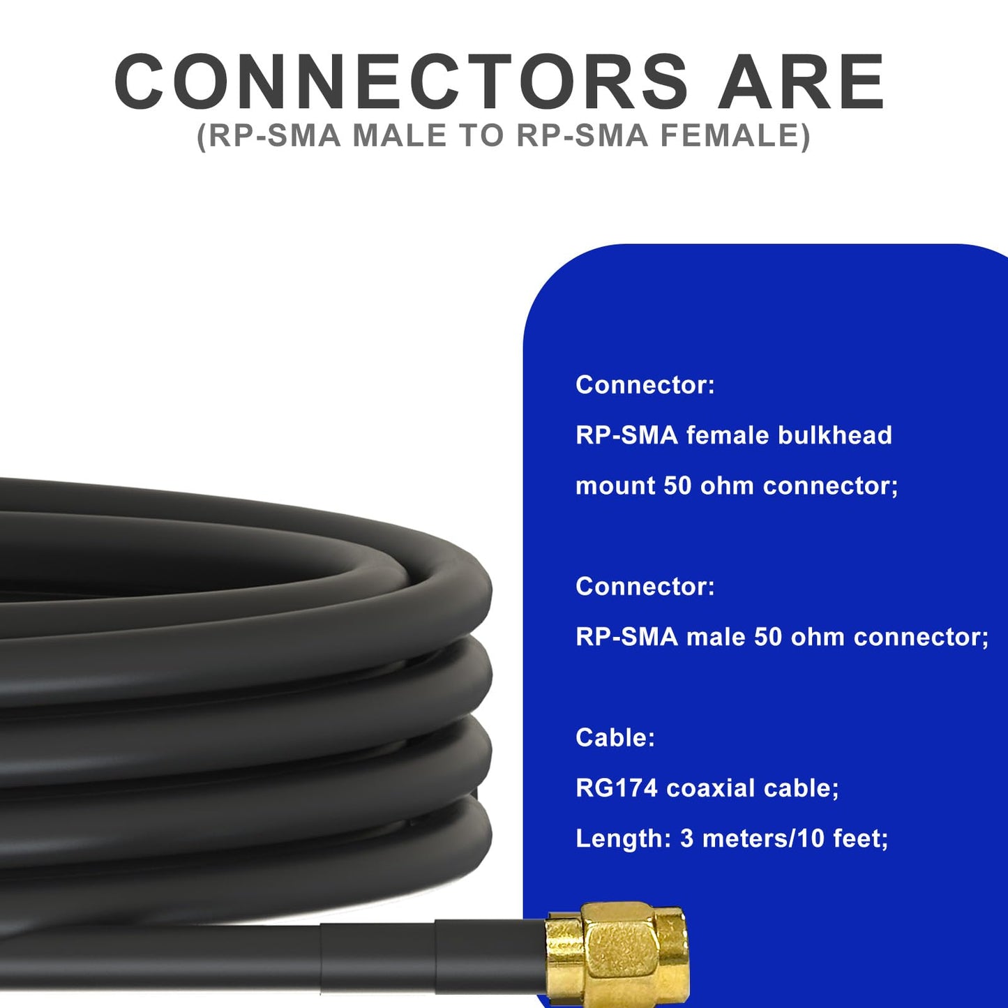 COSMIC WING WiFi Antenna Extension Cable 2-Pack RP-SMA Male to RP-SMA Female Bulkhead Mount RG174 Cable 3m 10 feet for WiFi Router Security IP Camera