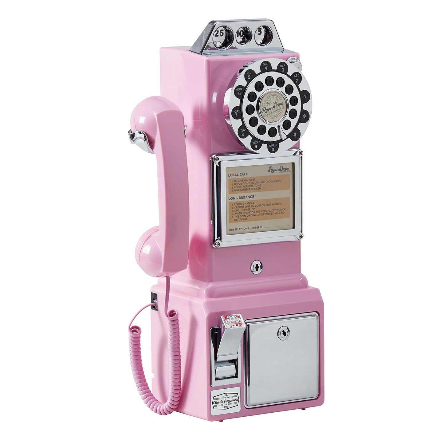 Ryan Bros. American Retro 1950's Payphone with Coin Bank Wall-Mount Corded Phone (Pink)
