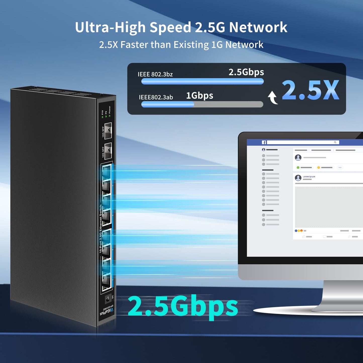 10 Port 2.5Gb Unmanaged Ethernet Switch with 8* 2.5G Base-T Ports, 2* 10G SFP+ Ports. GiGaPlus 2.5Gbps Network Switch for 2.5Gbps NAS/PC, WiFi6