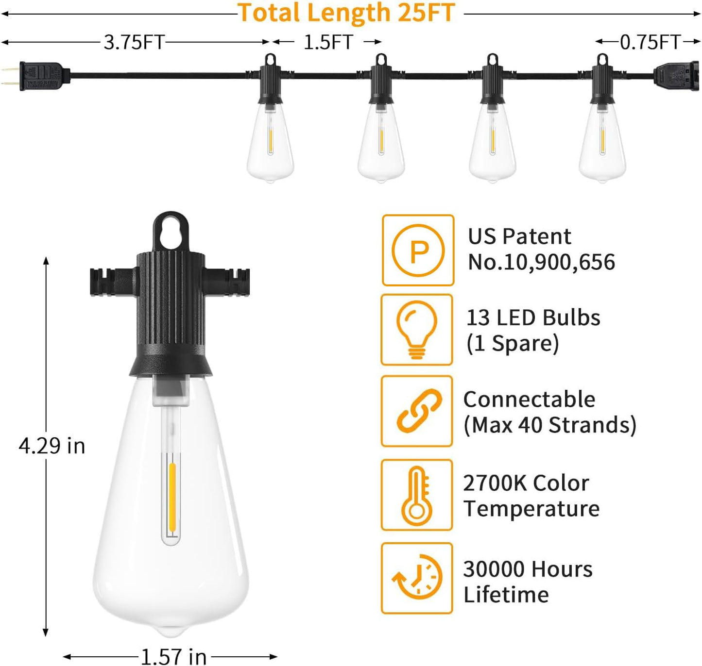 ZOTOYI Outdoor String Lights 25FT, Waterproof IP65 Patio Lights with 13 Shatterproof ST38 LED Bulbs, Outside Hanging Light Dimmable for Backyard
