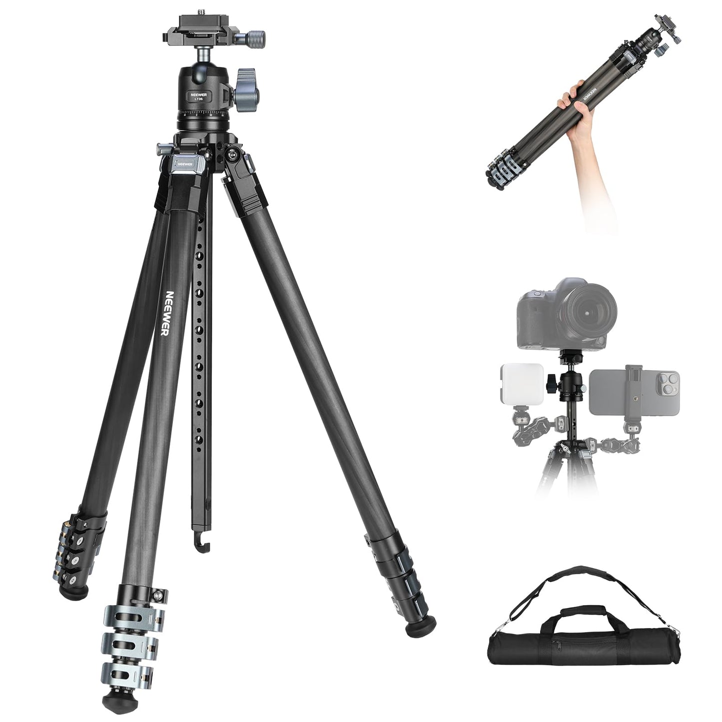 NEEWER 60.4" Travel Tripod Carbon Fiber with Detachable 360° Ball Head, Lightweight Video Camera Stand with Metal Quick Flip Buckle, Arca Type QR