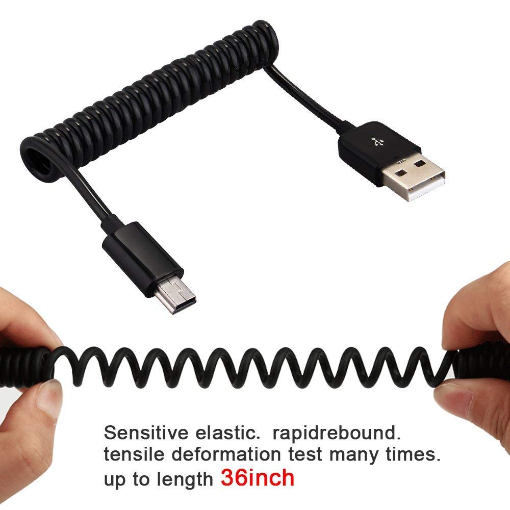 mxtechnic USB 2.0 Type A Male to Mini Expansion Spring Coiled Cable 4-36inch Standard Spiral Flexible Extension for Printers, Cameras, Mouse, Cell