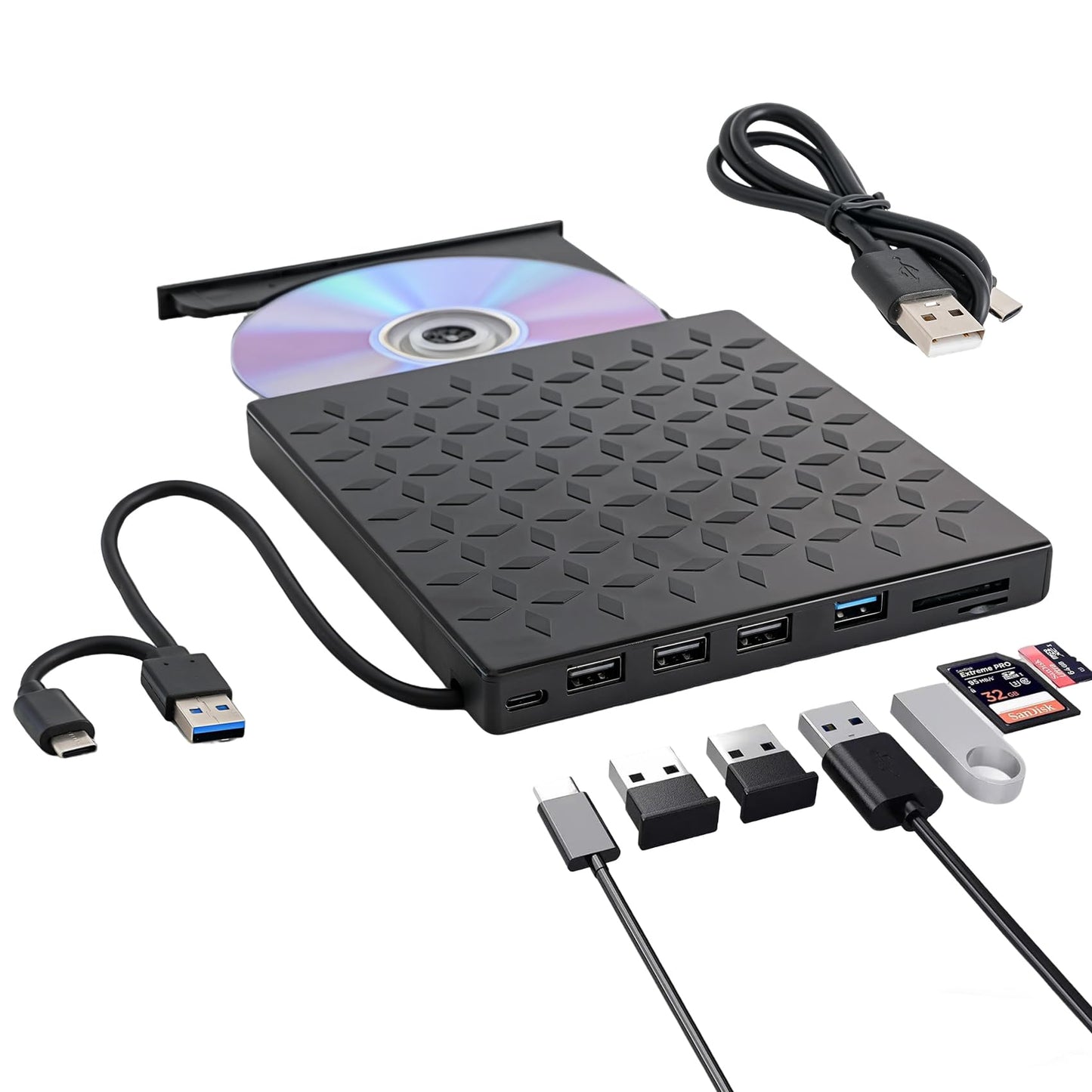 External DVD/CD Drive, DVD Player for Laptop 8 in 1, Portable CD Burner +/-RW Drive, CD Player for ROM Rewriter Burner, Compatible with Laptop