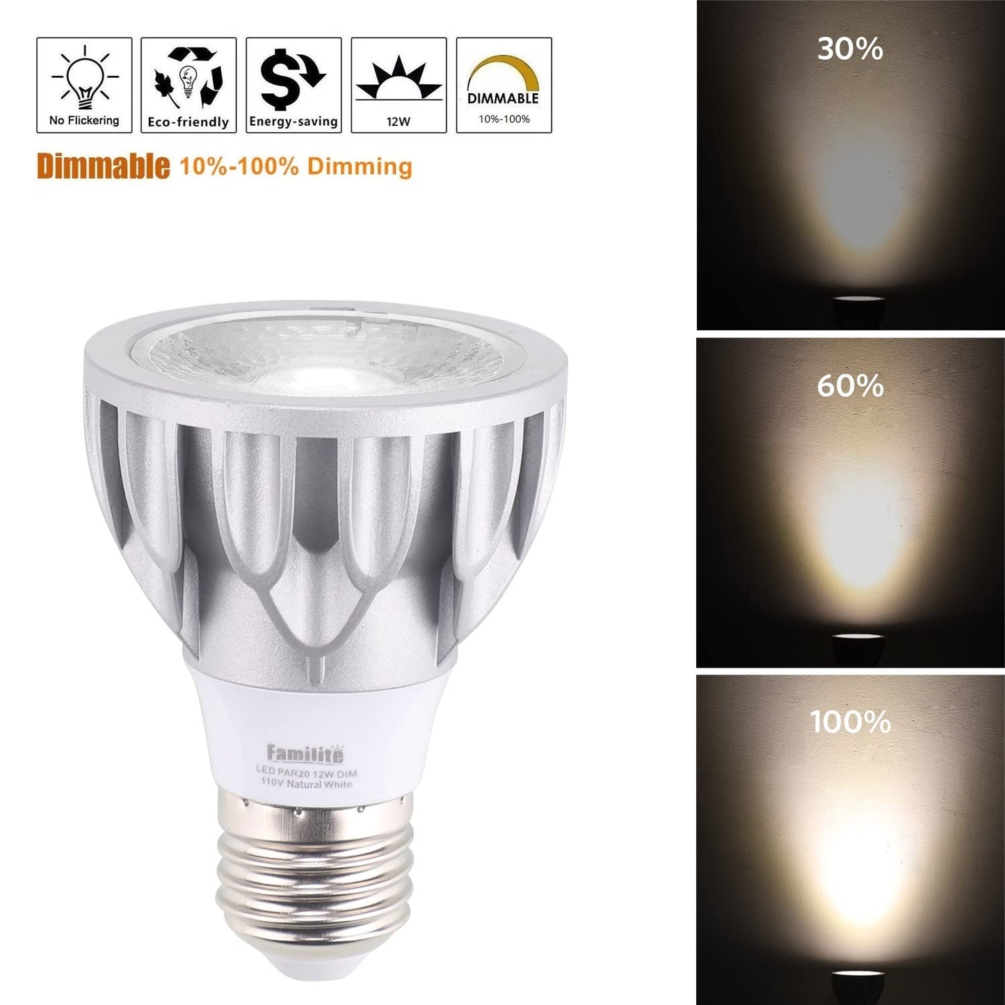 Familite PAR20 LED Bulbs, 12W Dimmable Spot Light, 100W Halogen Equivalent, 36° Narrow Beam Angle, 4000K Natural White, E26 Medium Base for 4’ Cans
