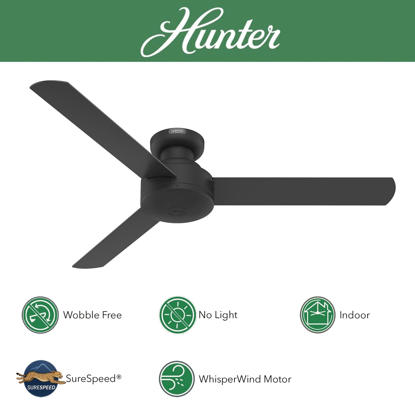 Hunter Fan 52 inch Indoor Ceiling Fan with No Light, Low Profile Flush Mount Black Ceiling Fan, 3 Blades, For Kids Room, Home Office, Living Room or