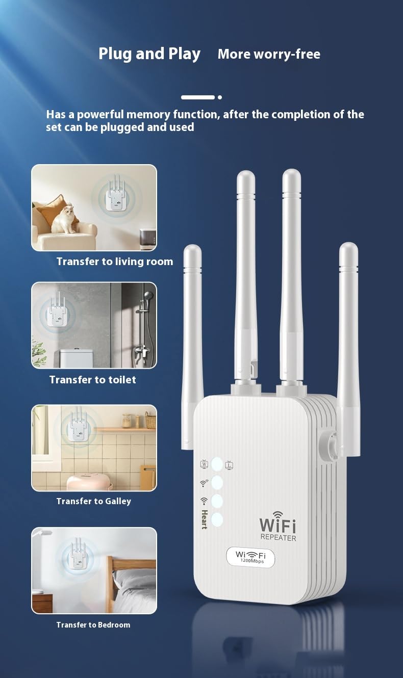 Wireless WiFi Signal Booster Amplifier, 1200Mbps Four-Antenna Repeater, Suitable for Home and Office WiFi Through-Wall Wireless Internet Network