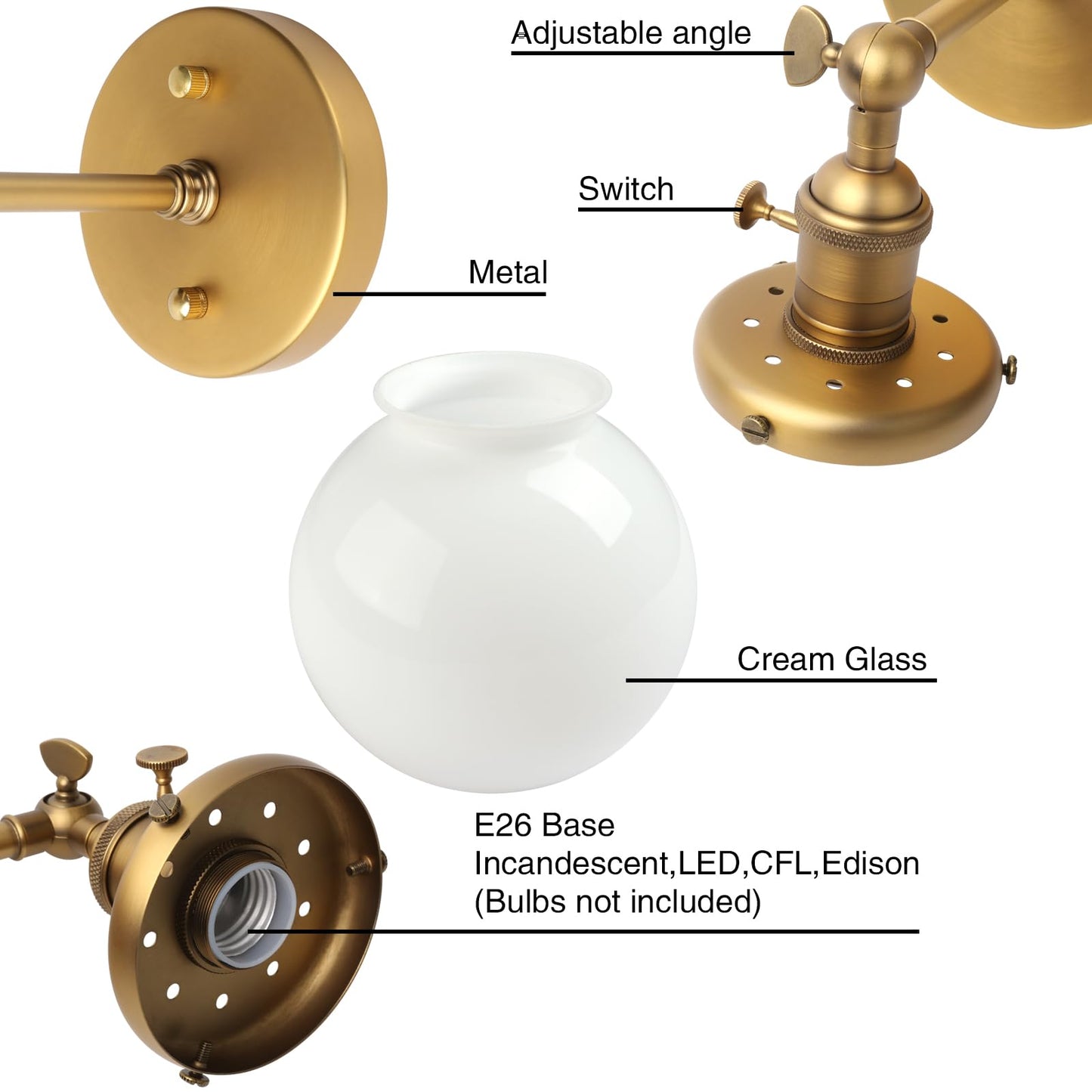 PERMO Vintage Wall Sconce Lighting Fixture with 5.9" Round Globe Milk White Glass Hand Blown Shade Hardwired wall sconces with Switch (Antique Brass)