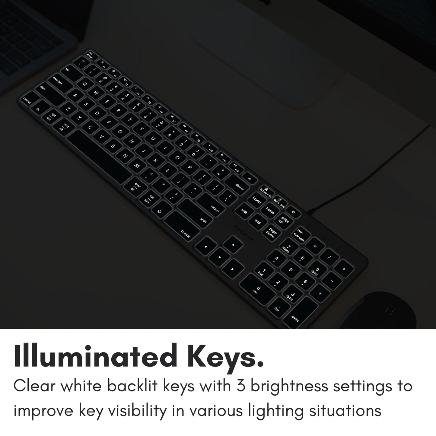 Macally Wired Keyboard for Mac with USB Hub (2X USB-A / 1x USB-C) - Compatible Backlit Apple Keyboard with Dual Interface - Auto OS Detection for Mac