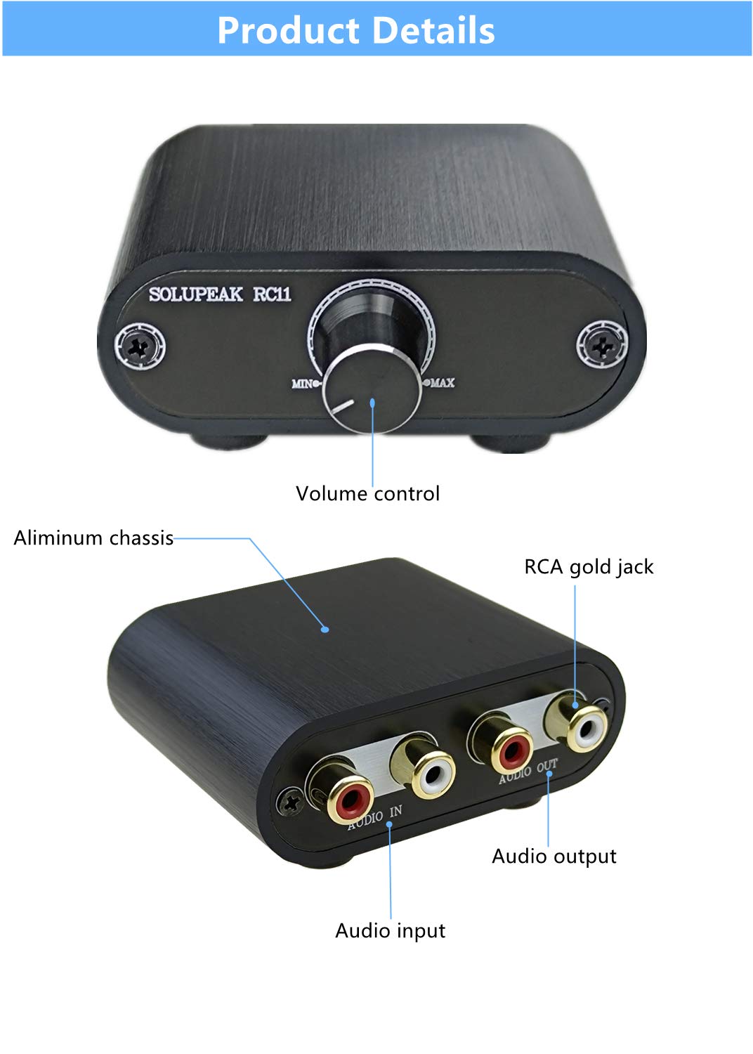 TENEALAY RCA Audio Volume Controller, line Volume Control Box, Mini attenuator knob -RC11