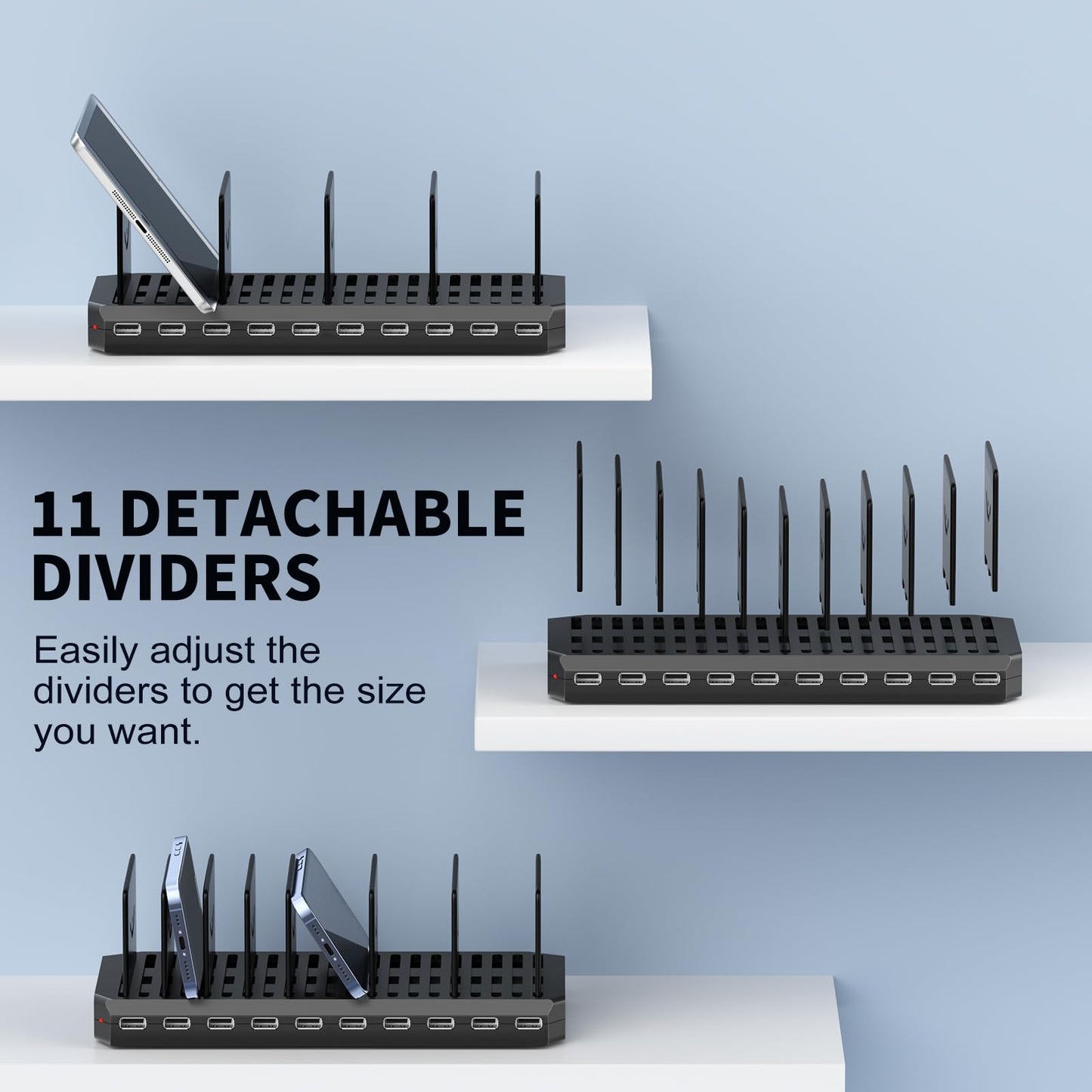 USB Charging Station for Multiple Devices, 10 Port 60W Multiple USB Charger Station with Adjustable Dividers, Fast Charging Station Hub for Hotels