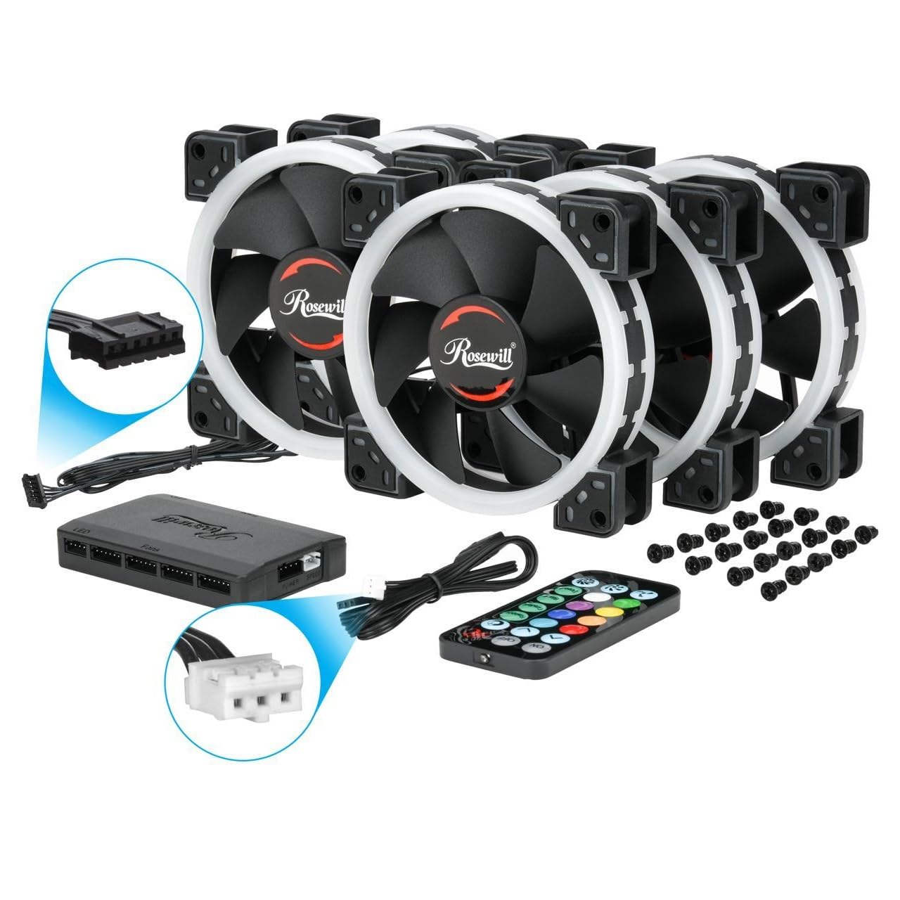 Rosewill RGBF-23001 120mm Dual Ring Addressable RGB Case Fan Hub Set, True RGB LED Case Fans (5-Pack) and 8-Port Fan Hub, Ultra Quiet Cooling