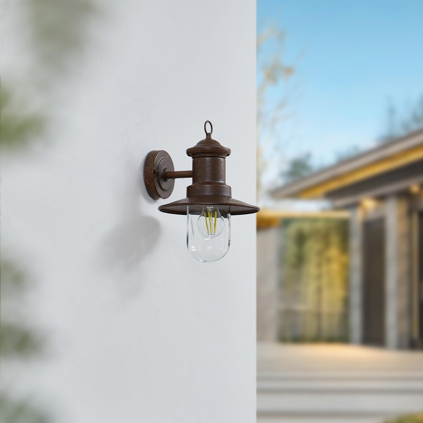 Lucande Outdoor Wall Lantern, Rust Finish Farmhouse Exterior Sconce, Clear Glass Porch Decor Wall Light for Front Door Garage Patio, Outside Lights