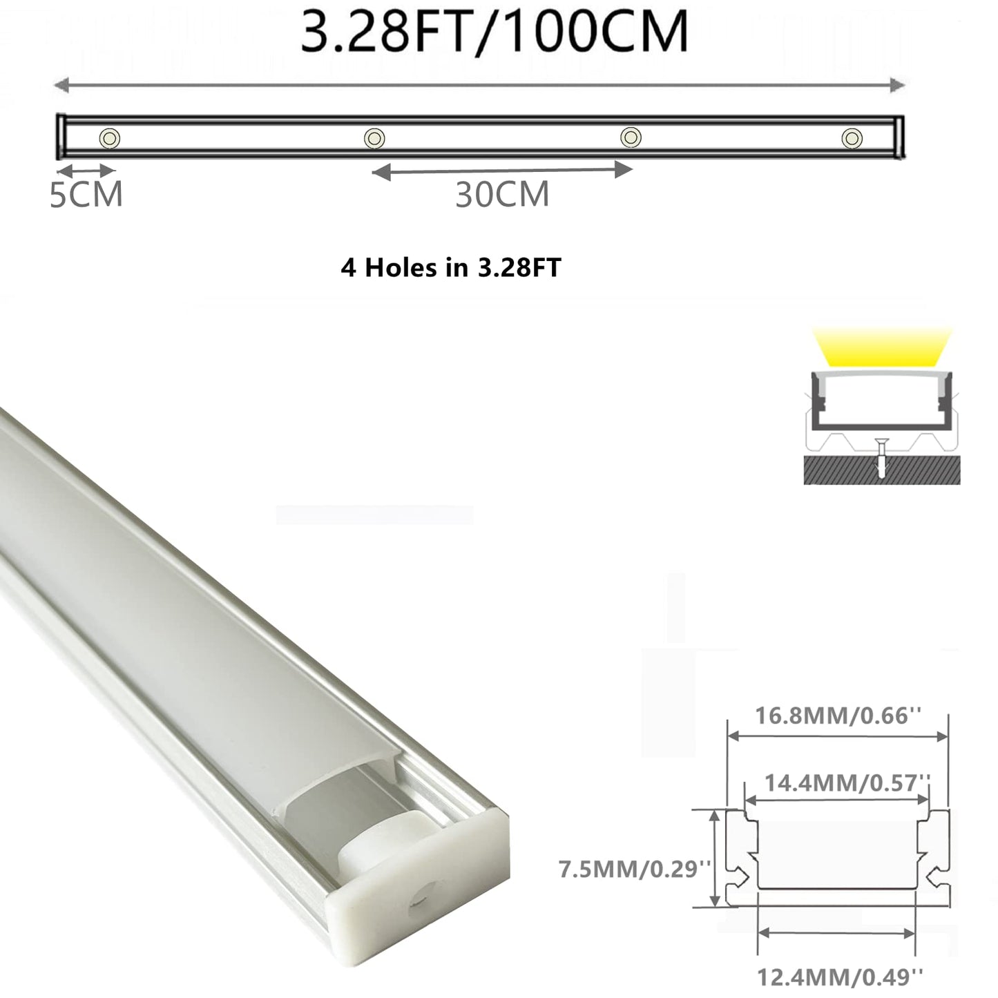 10-Pack Pre-Drilled Countersunk Hole 3.3FT LED Strip U Channel Diffuser, Hacksaw Easy Cut Tight and Flush Mounted Under Cabinet Tape Light Aluminum