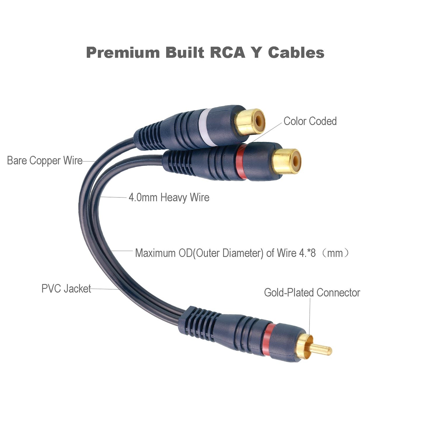 Borsuer RCA Splitter, 2 Pcs RCA 1 Male to 2 Female Audio Cord Speaker Y Adapter Splitter Cable, 8.5 Inches Gold Plated Dual Female Adapter