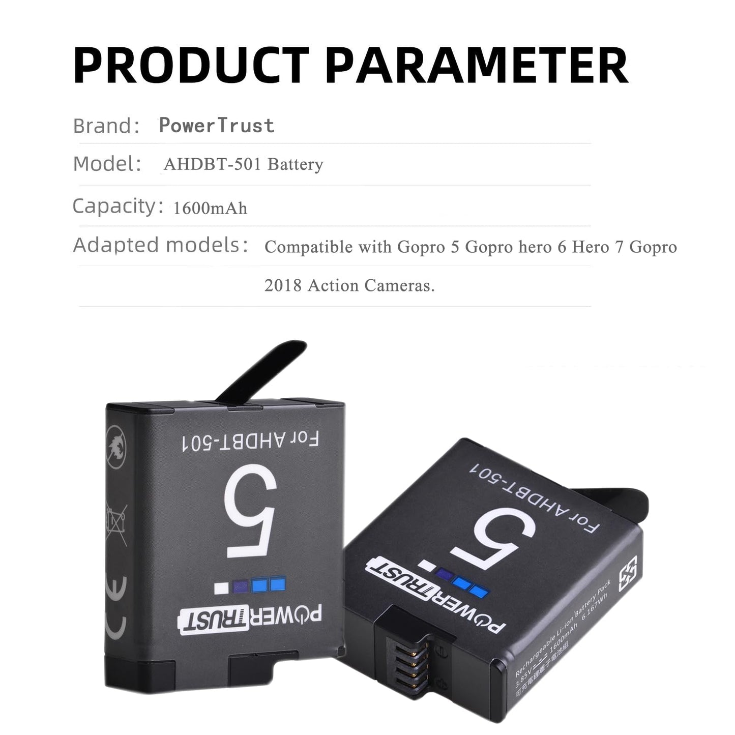 PowerTrust 3X AHDBT-501 Battery for GoPro Hero 5/6/7/8 HERO5 Black,Hero 6,HERO6 Black,Hero 5,HERO7 Black,Hero 2018 + LCD Dual USB Charger with USB