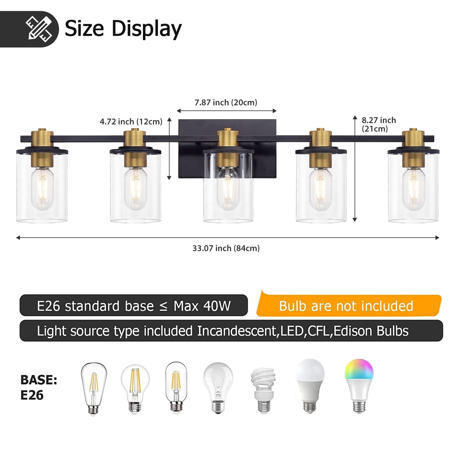 5 Light Bathroom Vanity Light, Black and Gold Bathroom Light Fixtures, Sconces Wall Lighting with Clear Glass Shade, Modern Brushed Gold Vanity