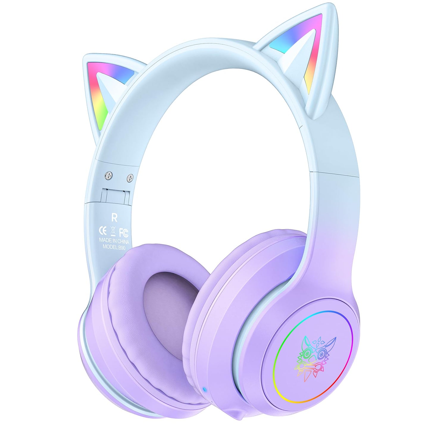ONITOON Cat Ear Bluetooth Headphones with Micphone for Kids & Adults, LED Light Up Wireless HI-FI Sound Quality, Over-Ear Headphones with Volume