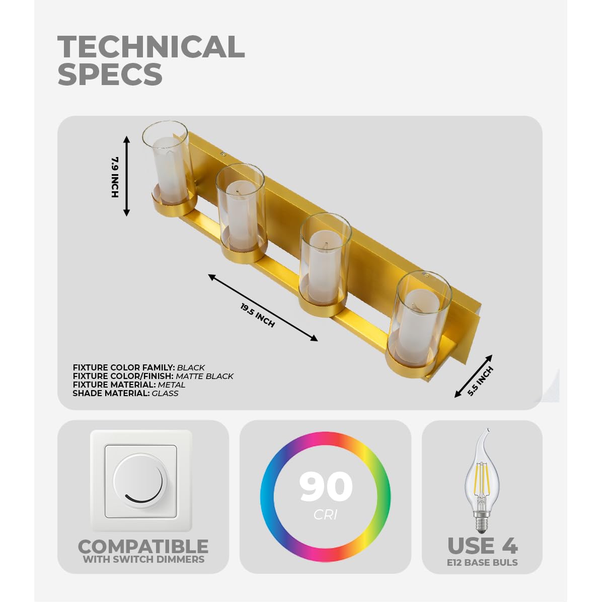LYTIO 4-Light LED Vanity Bar Light - Modern Bathroom Wall Lamp to Install Over The Sink or Mirror - Includes LED Bulbs (Brass)