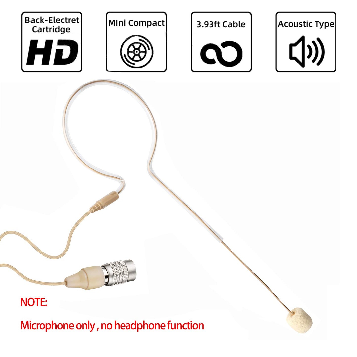 Sujeetec Headset Headworn Microphone - Hirose 4 Pin Plug Head Microphone for Audio Technica Wireless System & Bodypack Transmitter - Beige Single