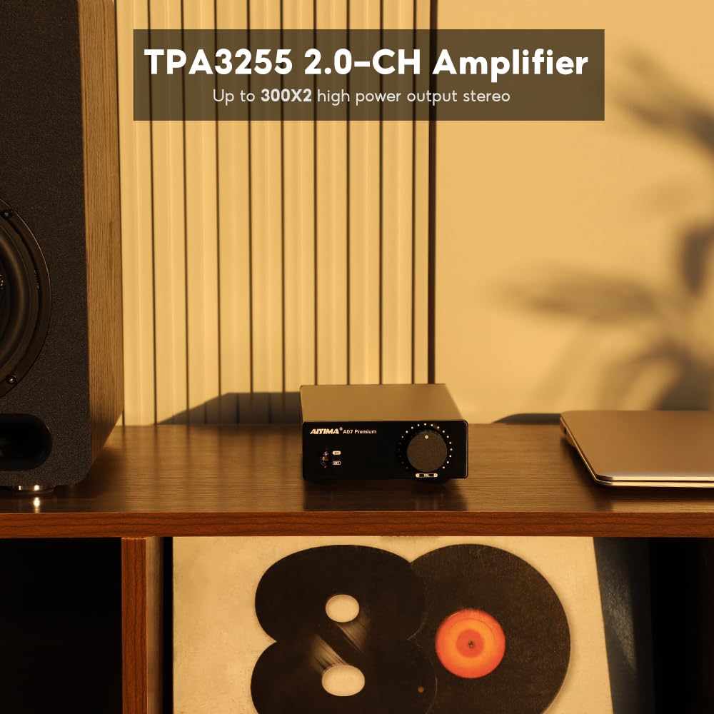 AIYIMA A07 Premium TPA3255 Power Amplifier 300Wx2 HiFi Class D Amp Mini 2 Channel Stereo Amplifier with Pre-Out for Desktop Bookshelf Speaker Home
