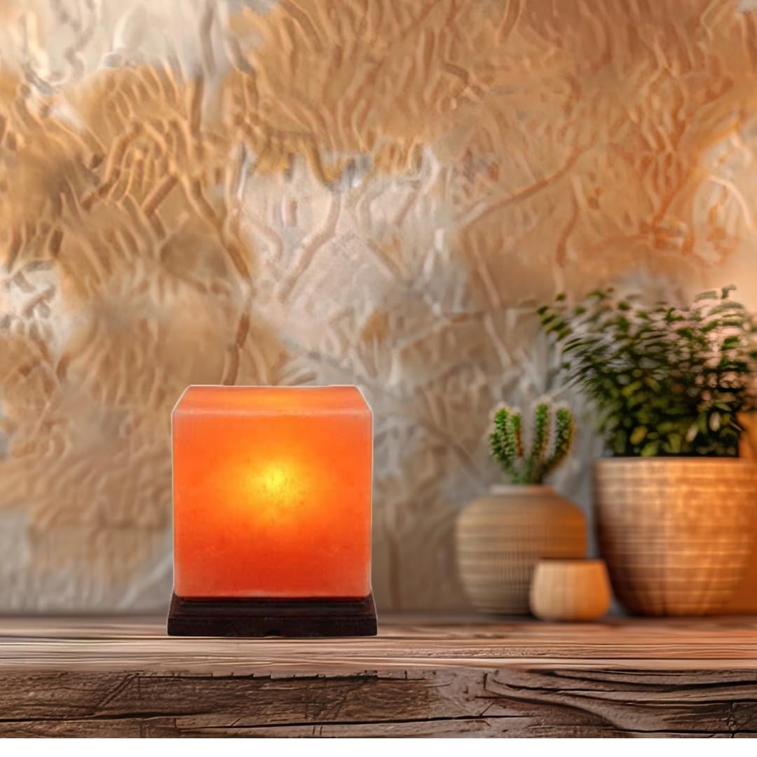 NatureBoost Himalayan Pink Salt Lamp, Cube Shape, 8 x 6 x 6 Inches - Hand-Carved Natural Salt Lamp with Wooden Base, Warm Ambient Glow for Bedroom