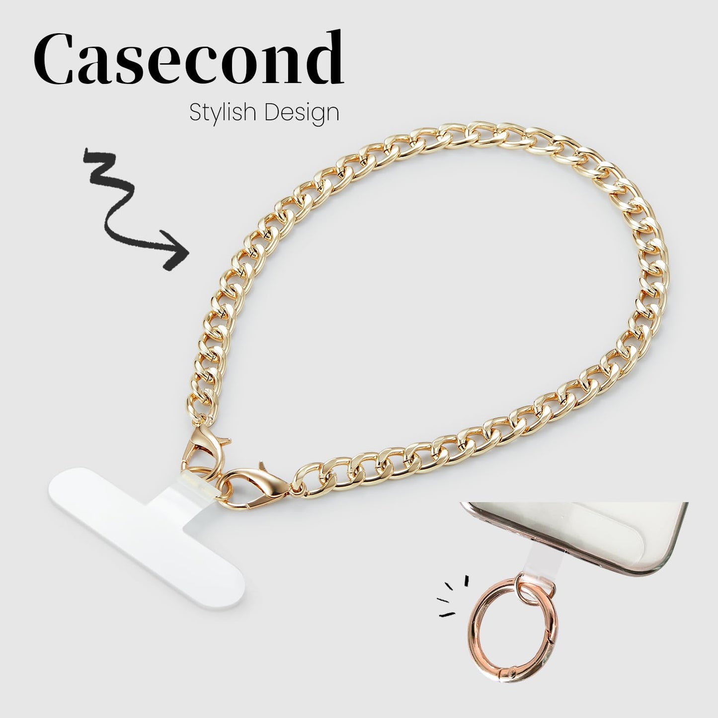 Casecond 2 pcs Phone Charm with Gold Metal Chain Detachable Phones Lanyard Hand Wrist Smartphone Strap Adjustable Grip Strap with 3 Patches Tether