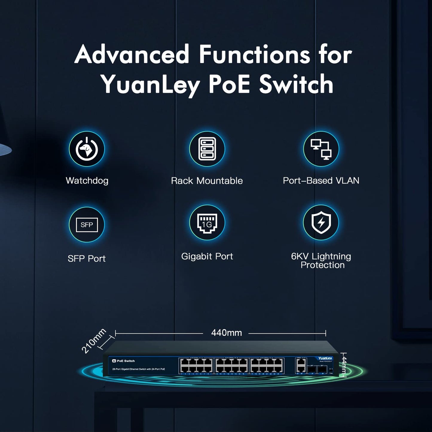 24 Port Gigabit Ethernet PoE Switch with 2 Uplink Gigabit Port & 2 SFP Port, YuanLey Unmanaged 24 Port PoE+ Network Switch, Rackmout, Build in 400W