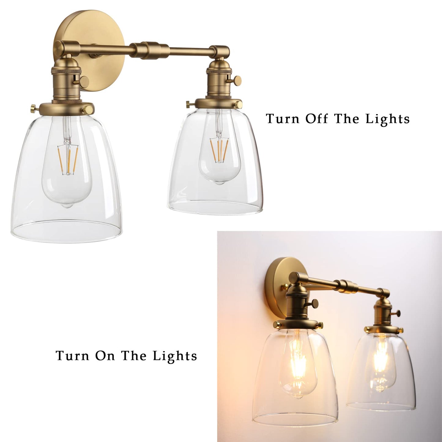 Phansthy Retro Industrial 2-Light Wall Sconces, Bathroom Vanity Light Fixtures, Wall Light with Dual 5.6" Bell Shaped Clear Glass Lampshade, Wall Lamp