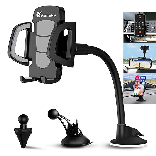 Vansky Car Phone Holder Mount, 3-in-1 Universal Cell Phone Holder Car Air Vent Holder Dashboard Mount Windshield Mount Fit for iPhone 17 16 15 14 13