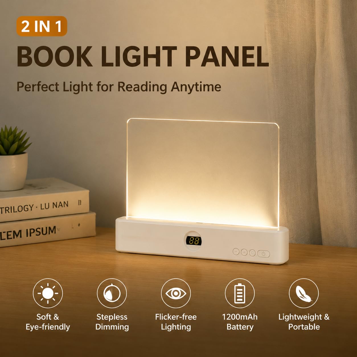 QIURUNMA Rechargeable LED Book Page Light with Timer, 3 Color Modes & Stepless Dimming, Clear Acrylic Panel, Bedside Reading Lamp for Nighttime Study