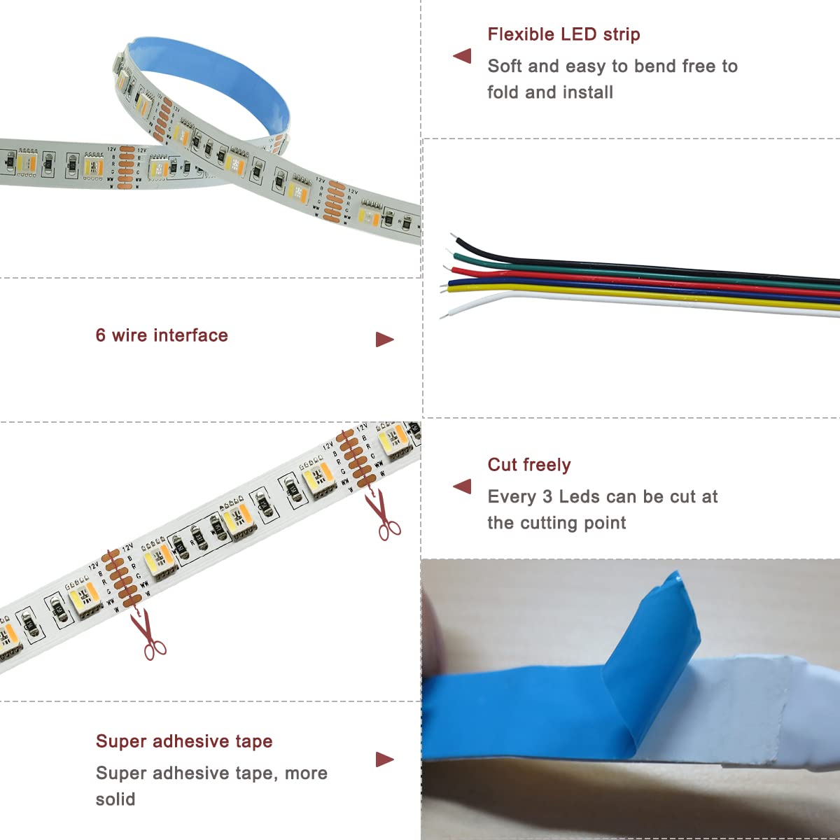 Tesfish 12V 5 in 1 LED Strip Lights RGB + CCT, RGB + White + Warm White (2800K to 6500K) RGBCW 5M Mixed Colour Adjustable Light Strips IP20 300 LEDs
