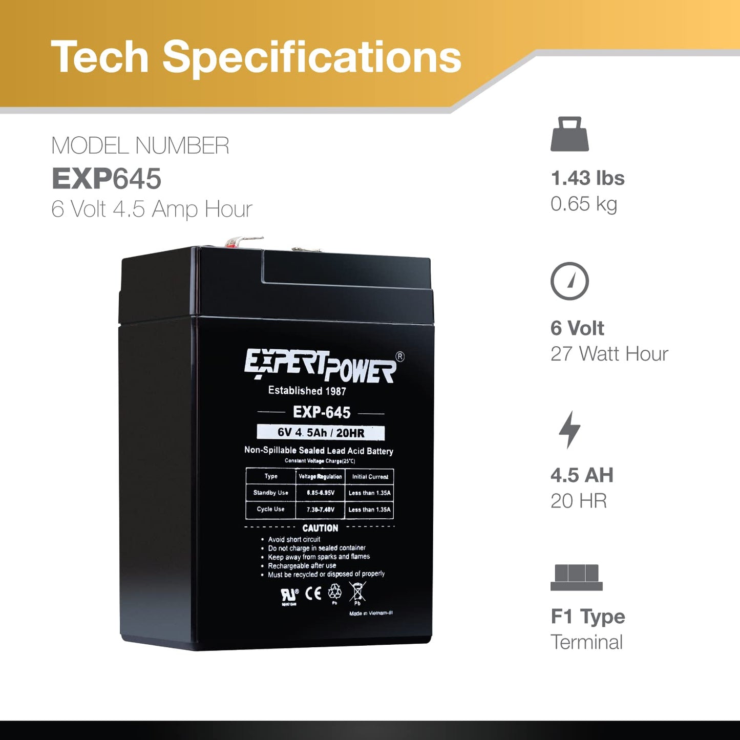 ExpertPower 6 Volt 4.5 Amp Rechargeable Battery (EXP645) 2 Pack