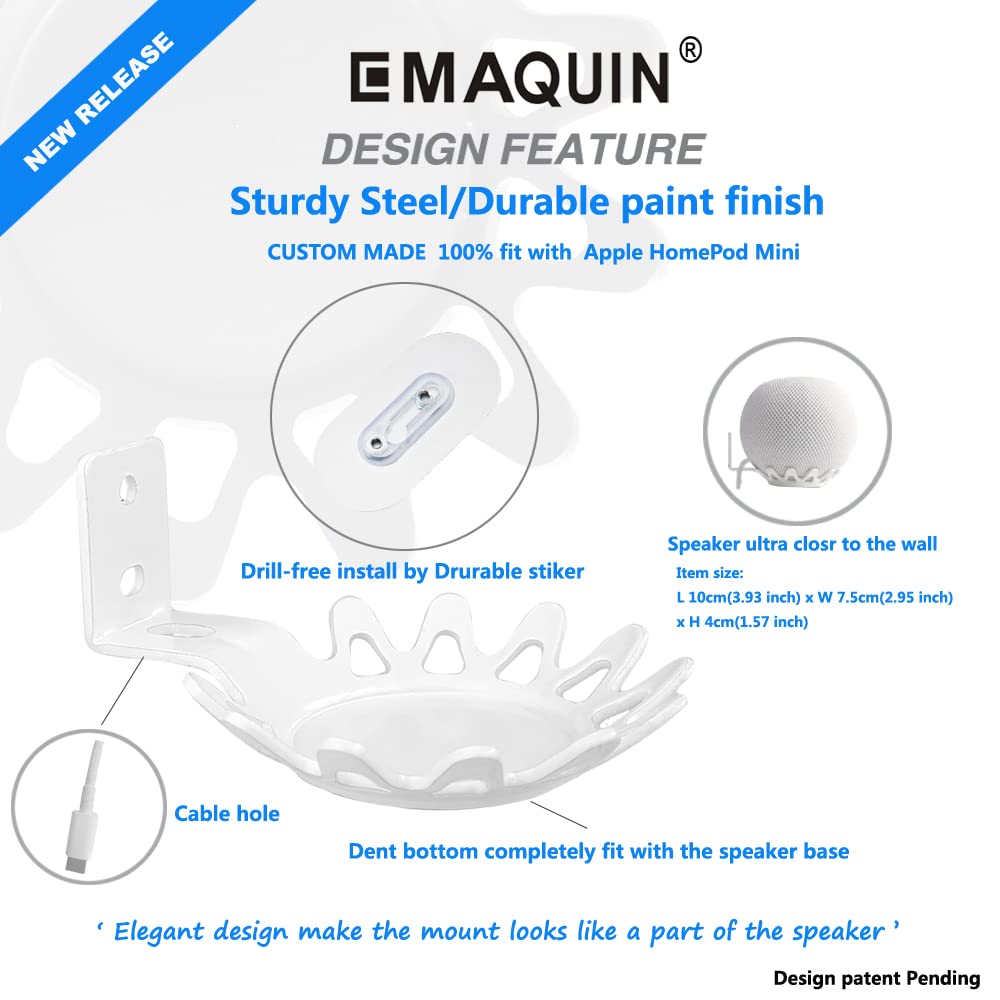 EMAQUIN Wall Mount Bracket for Homepod Mini (Drill Free,Sturdy Metal,Enduring Paint Finish,Easy Install on The Wall,Compatible with Homepod