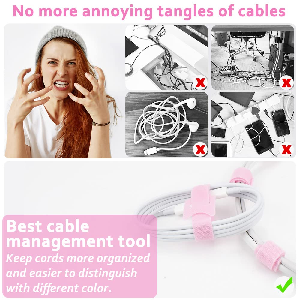 70pcs Cable Ties Reusable Pink Wire Ties Cable Management Cord Ties Reusable for Electronics Hook and Loop Cable Ties for Computer 4 6 8 Inch