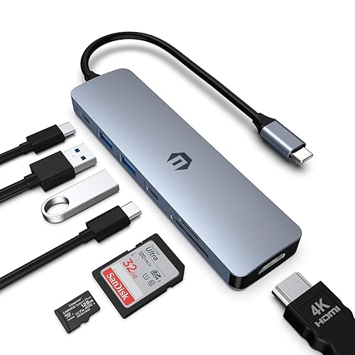 USB C HUB, Tymyp 7 in 1 Hub Adapter, HDMI Output, 100W Power Delivery, USB C 3.0, Dual USB 3.0 Ports, SD and Micro SD Card Reader, Ideal for USB C