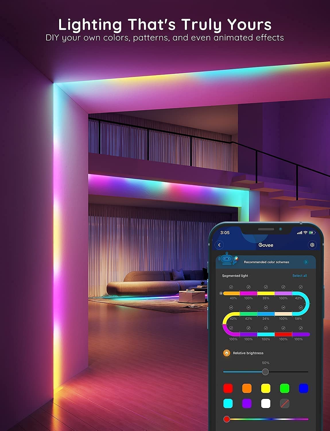 Govee 100ft RGBIC LED Strip Lights, Smart LED Lights Work with Alexa and Google Assistant, LED Lights for Bedroom WiFi App Control Segmented DIY