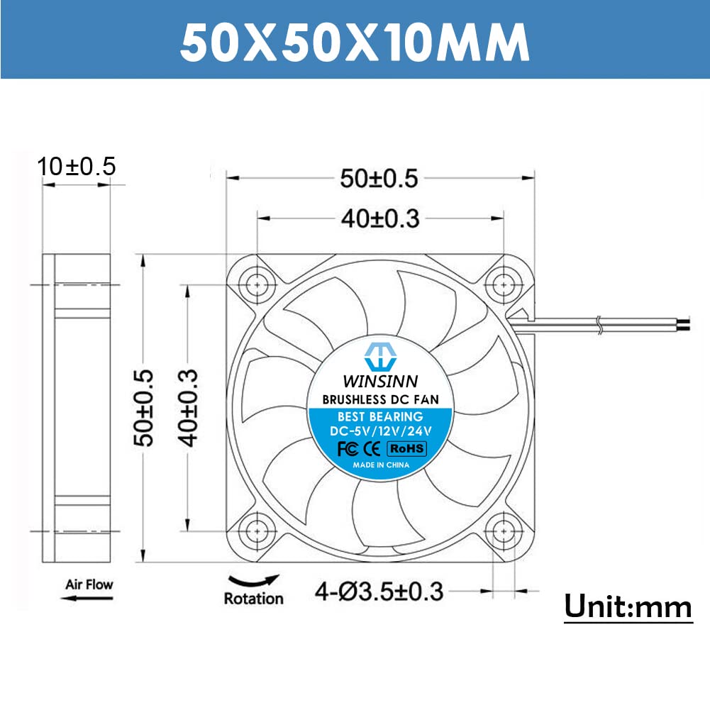 WINSINN 50mm 12V Fan - Hydraulic Bearing 6000 RPM 5010 Cooling Fan Replacement for 3D Printers/Computer Cases/Small Appliances, 30cm Cable