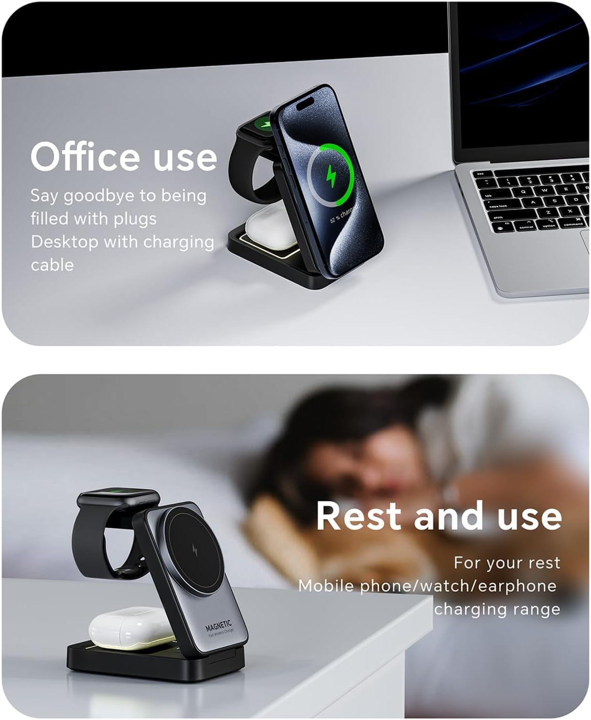 Upgraded Foldable Wireless Charger for iPhone,Travel Magnetic Charger Stand with Nightlight 3-in-1 Wireless Charging Station Compatible with Mag-Safe