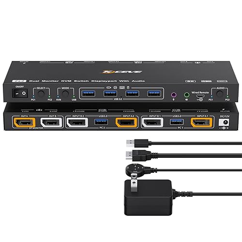 KVM/USB Mode KVM Switch 2 Monitors 2 Computers with Audio, ANXQQ 8K@30Hz 4K@144Hz USB 3.0 Dual Monitor KVM Switch Displayport, Share 4 USB Devices