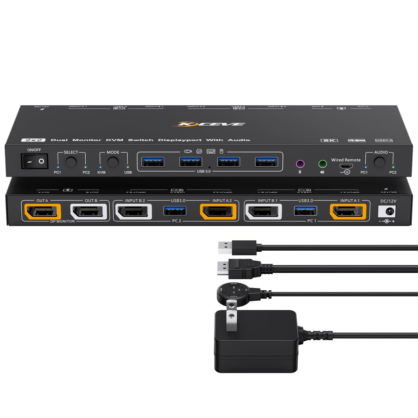 KVM/USB Mode KVM Switch 2 Monitors 2 Computers with Audio, ANXQQ 8K@30Hz 4K@144Hz USB 3.0 Dual Monitor KVM Switch Displayport, Share 4 USB Devices