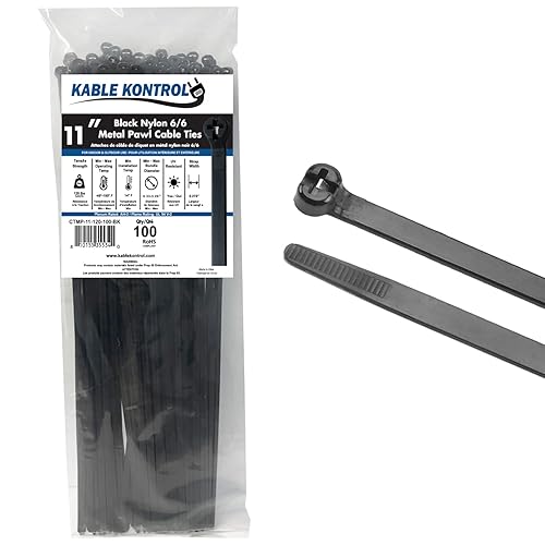 Kable Kontrol Cable Ties with Metal Tooth, 11 Inch 100 Pcs, 120 Lbs Tensile Strength, Metal Pawl, Stainless Steel Toothed Self-Locking Device, UV