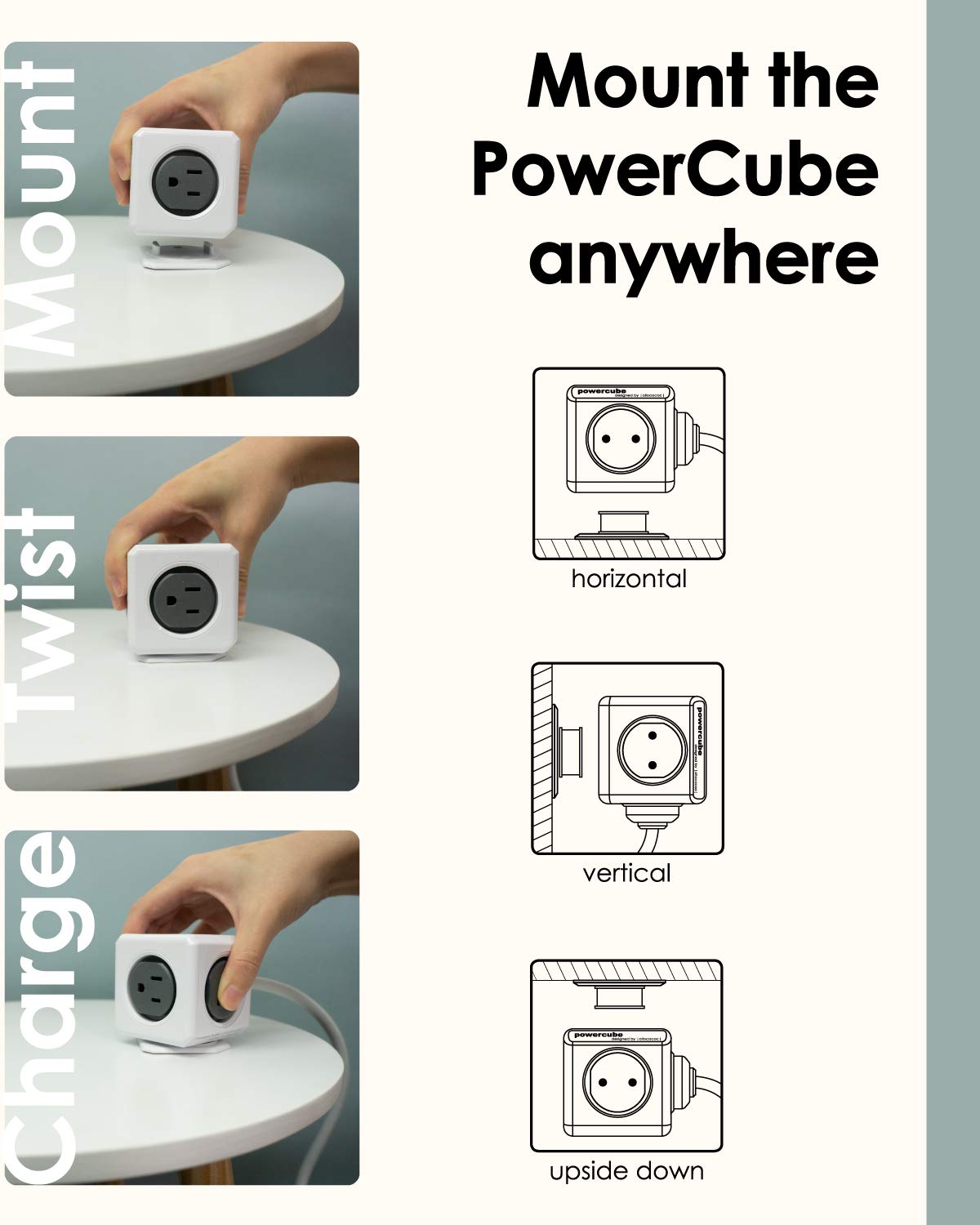 Power Strip Allocacoc PowerCube Extended 5 Outlets 5ft Cable Surge Protector No Blockage Mounting Dock Removable Tape, Compact for Travel Home Office